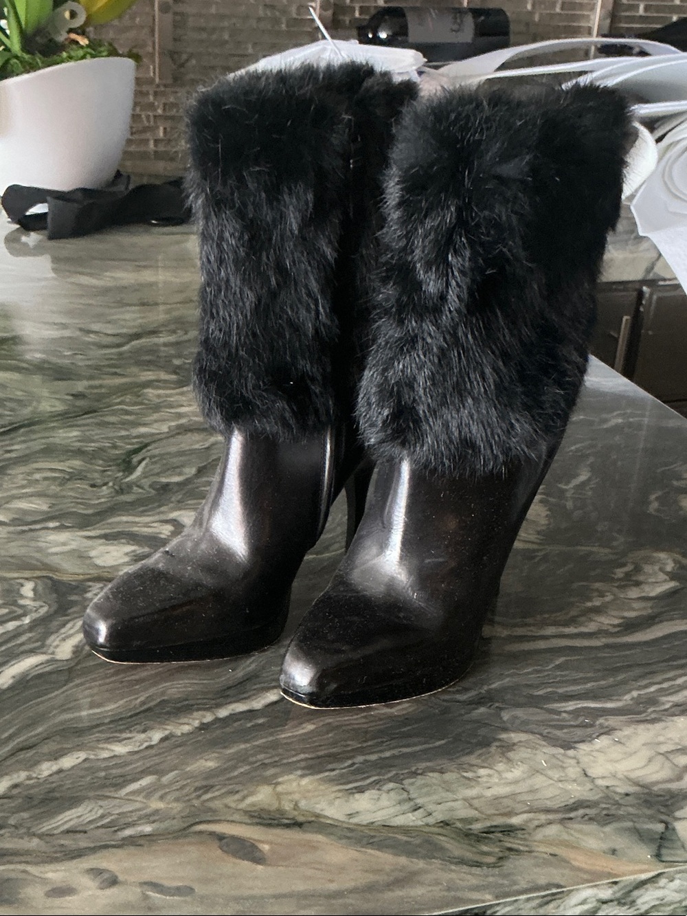 Via Spiga Black Faux Fur Cuff High-Heel Boots